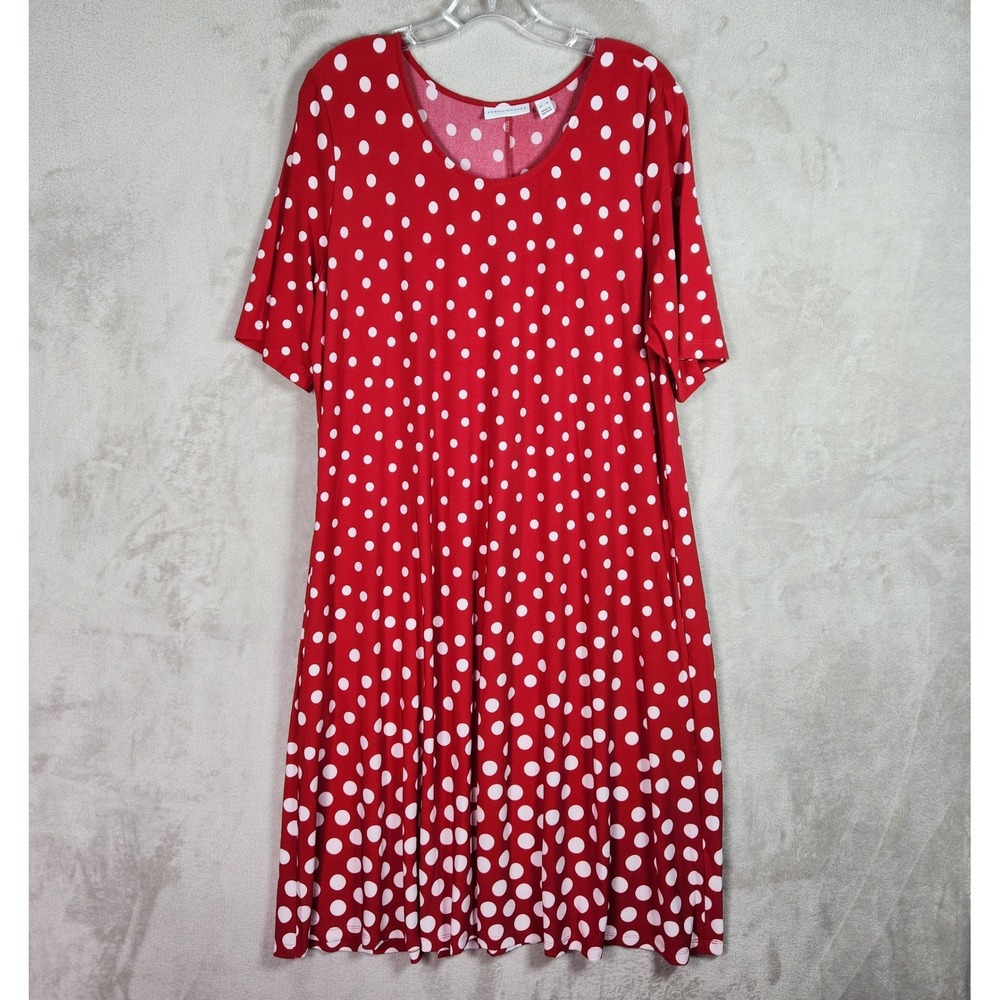 Susan Graver Dress Womens XL Red Polka Dot Print Liquid Knit Fit Flare A574067